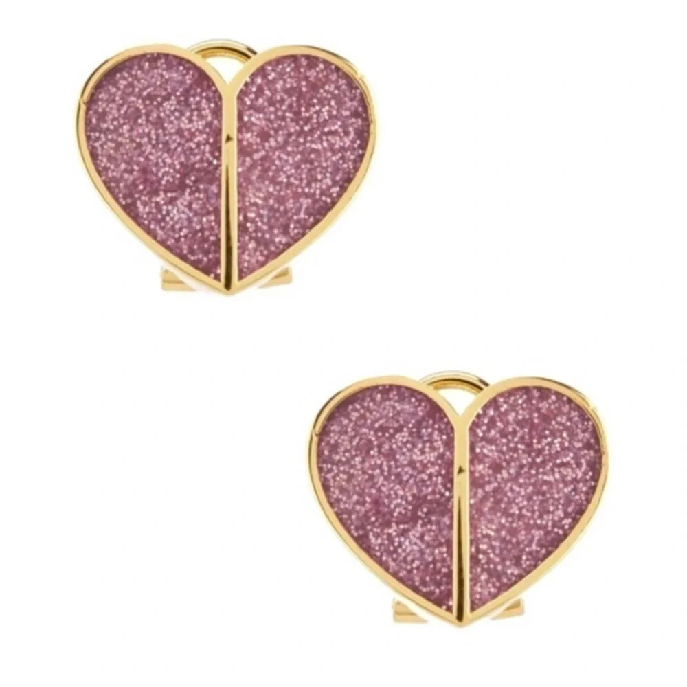 Kate Spade Glitter Pink Heart Clip Safety Pierced Valentine’s Day Earrings